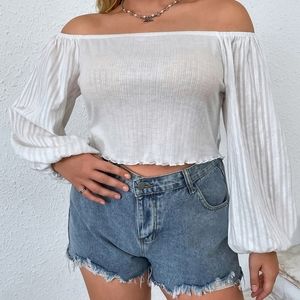 SHEIN Plus Off Shoulder Bishop Sleeve Lettuce Trim Top